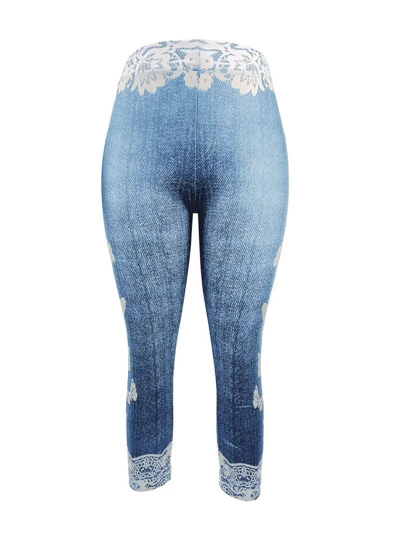 BioBlüte® - Blauwe denim capri-jeans met kant en vlinder