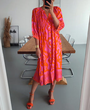 PureWear® - Roze en oranje midi-jurk met ruches en knopen