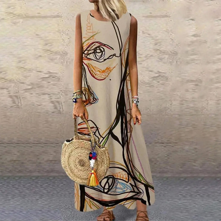 SpringStil® - Mouwloze maxi-jurk met abstracte kunst en abrikoos