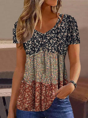 FallStil® - Hippie gestreepte mini-top met bloemenprint en korte mouwen