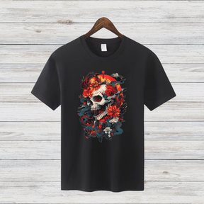 Totenkopf Blumen Shirt | Gothic Style T-Shirt | Skull Design Fashion | Auffälliges Streetwear Shirt | Geschenk für Rock & Metal Fans
