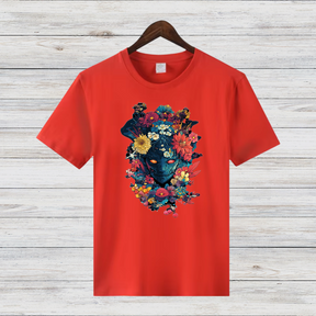 Mystischer Blumenkrieger | Künstlerisches T-Shirt | Fantasievolles Design | Stilvolles Statement-Shirt für Kreative