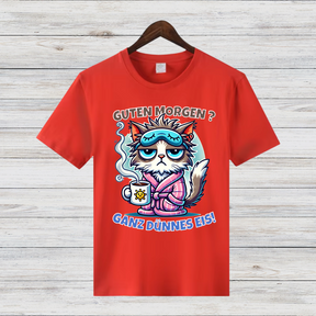 Guten Morgen Katze | Lustiges Statement Shirt | Humorvolles Design für Morgenmuffel | Damen T-Shirt für Wintertage