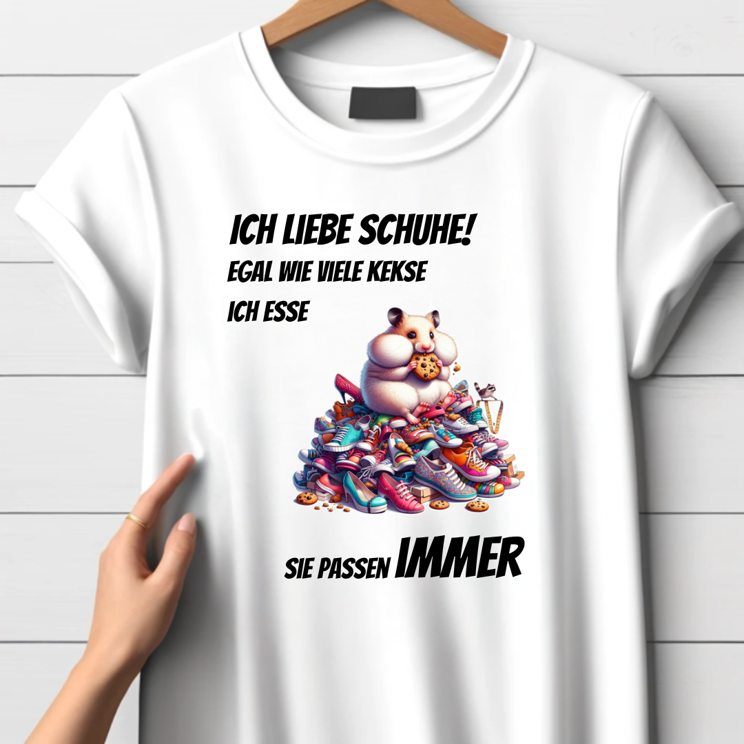 Ich liebe Schuhe | Lustiges Hamster-Shirt | Humorvolles Design für Schuhliebhaber | Statement Shirt für den Winter