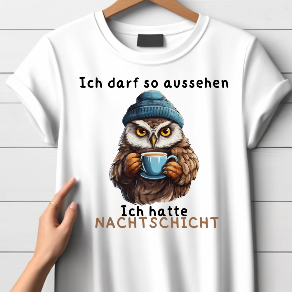 Nachtschicht Eule | Lustiges Damen T-Shirt | Humorvolles Design für kalte Wintertage | Statement Shirt für Frauen