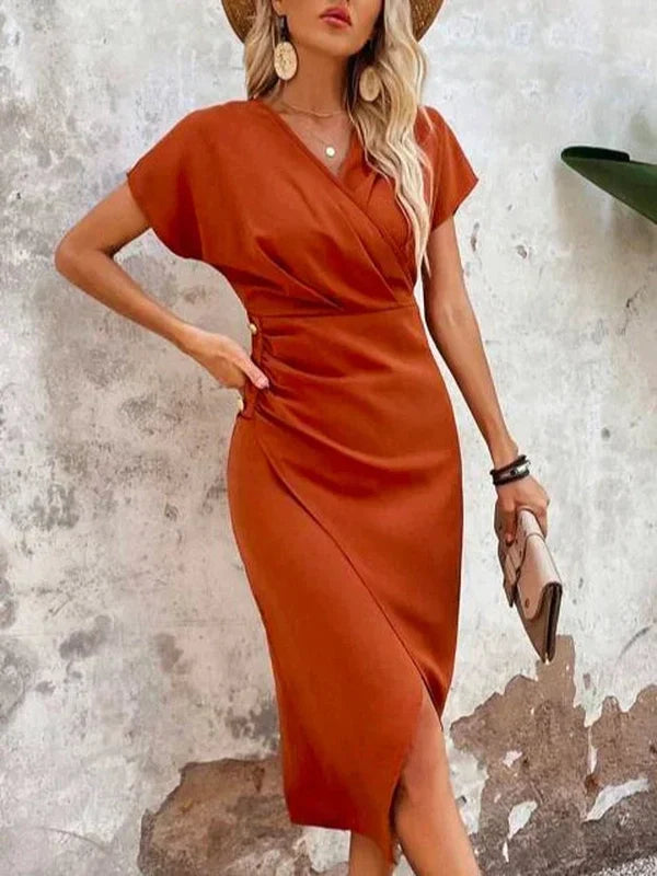 FallStil® - Oranje midi-jurk met V-hals, effen kleur