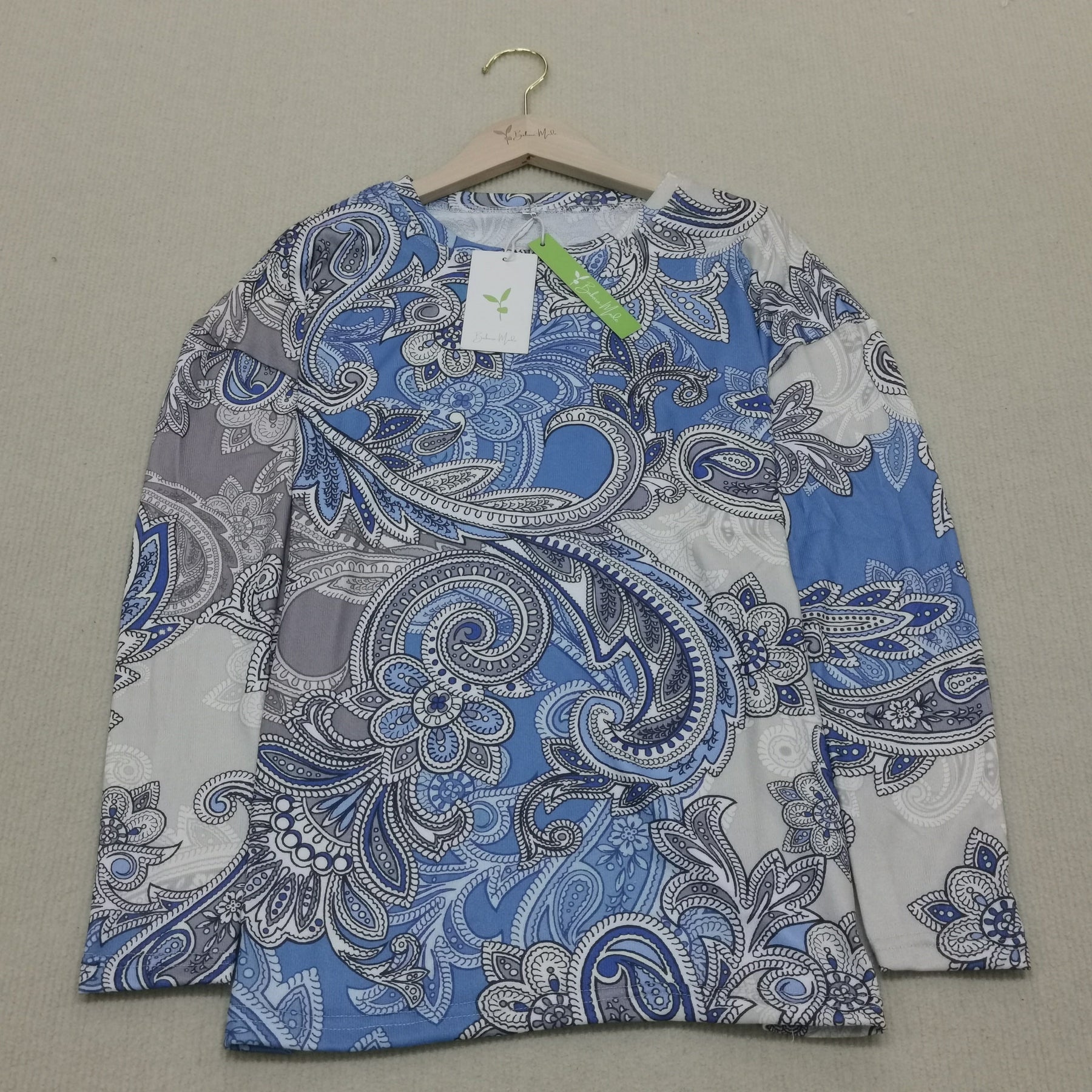 FallStil® - Top met lange mouwen en blauwe bloemenpaisleyprint