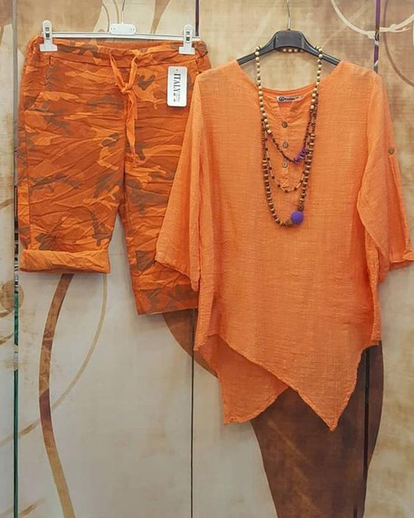 PureWear® - Tweedelige set met oranje print en 3/4 mouwen