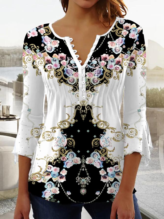 FallStil® - Vintage Inspo Zwart-witte button-down top met bloemen