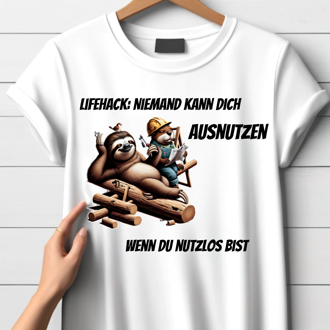 Lifehack Faultier | Lustiges Motiv T-Shirt | Humorvolles Design | Statement Shirt für den Winter