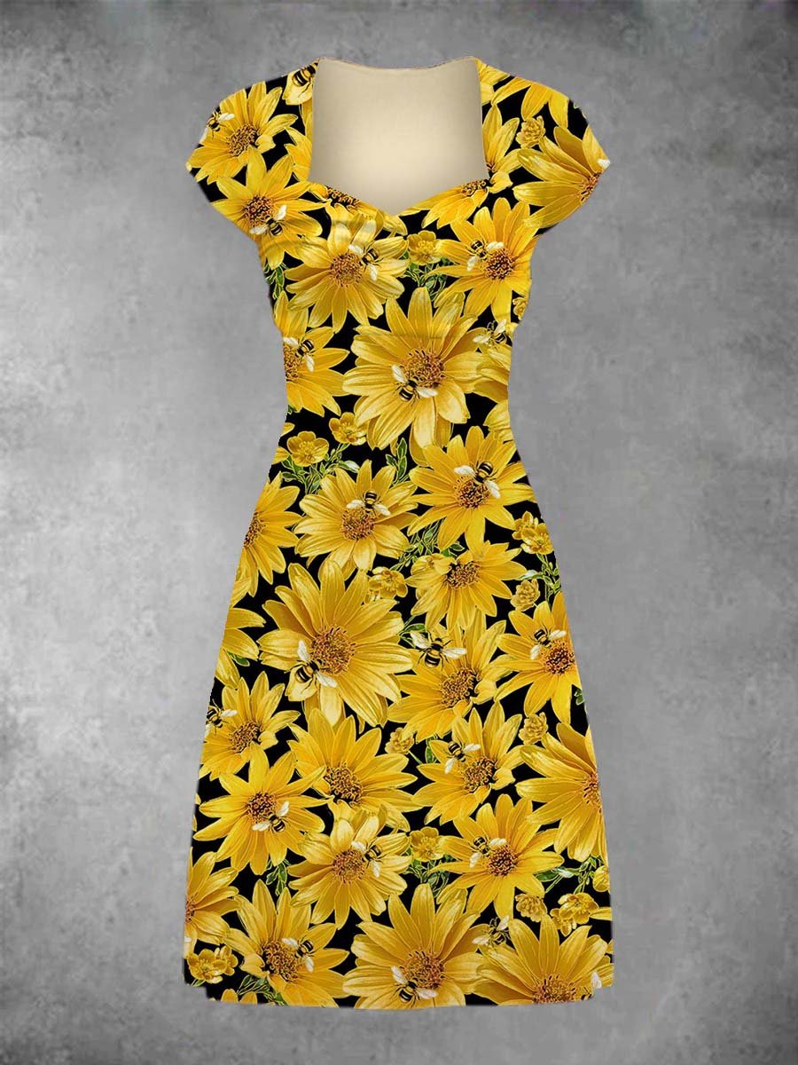 BlossomBliss® - Casual patchwork midi-jurk met chrysantenprint voor dames