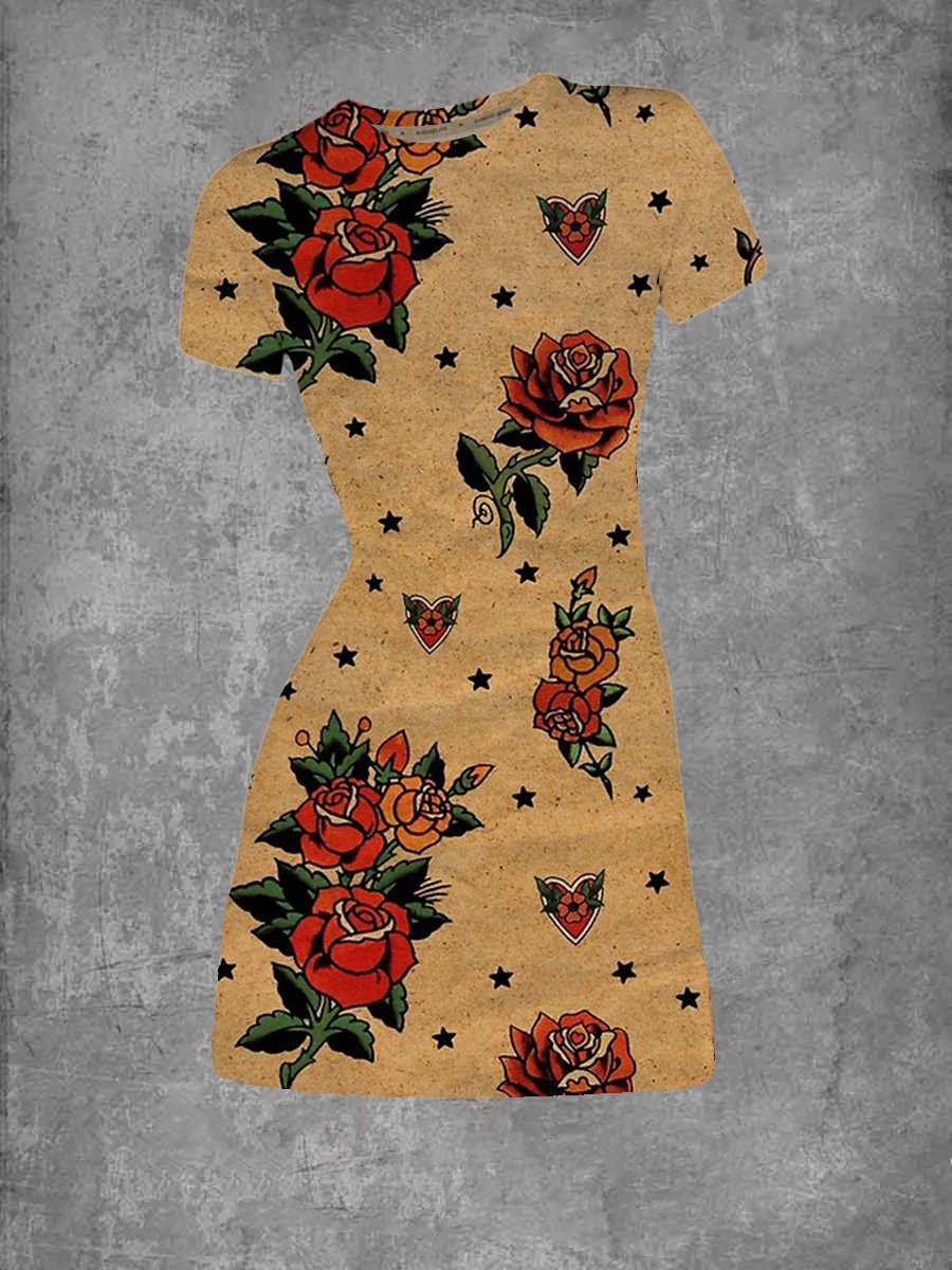 BlossomBliss® - Vintage oud papier rozentattoos T-shirtjurk voor dames met ronde hals