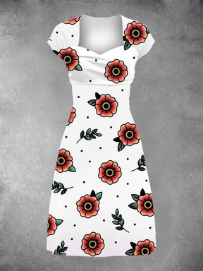 EcoExotica® - Casual midi-jurk met rose old school tattoo-grafische patchwork voor dames