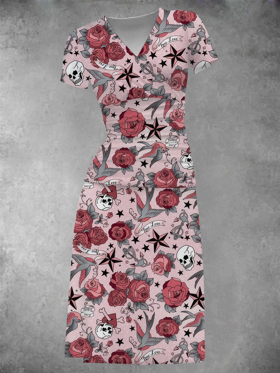 EcoExotica® - Girly Old School midi-jurk met tattoo-print voor dames