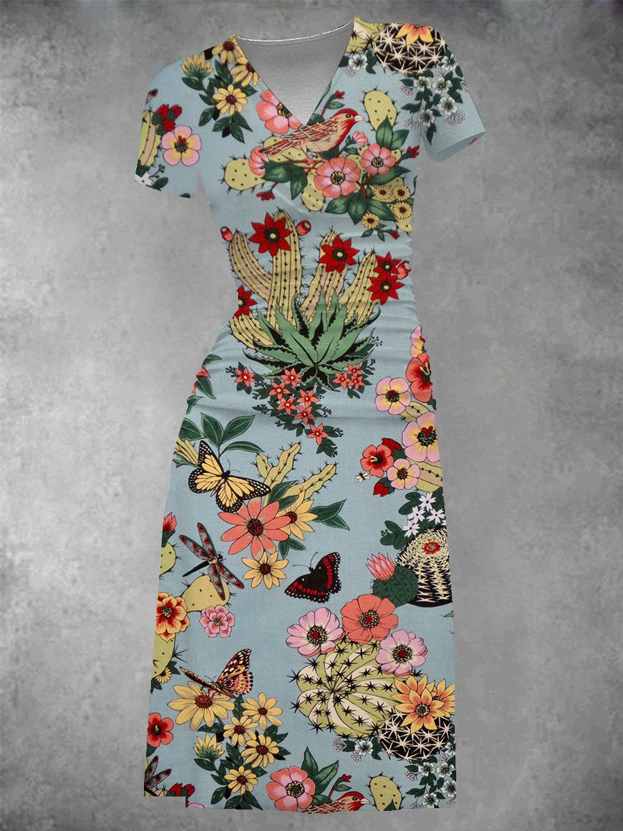 EcoExotica® - Vintage midi-jurk met Hacienda-cactusprint voor dames