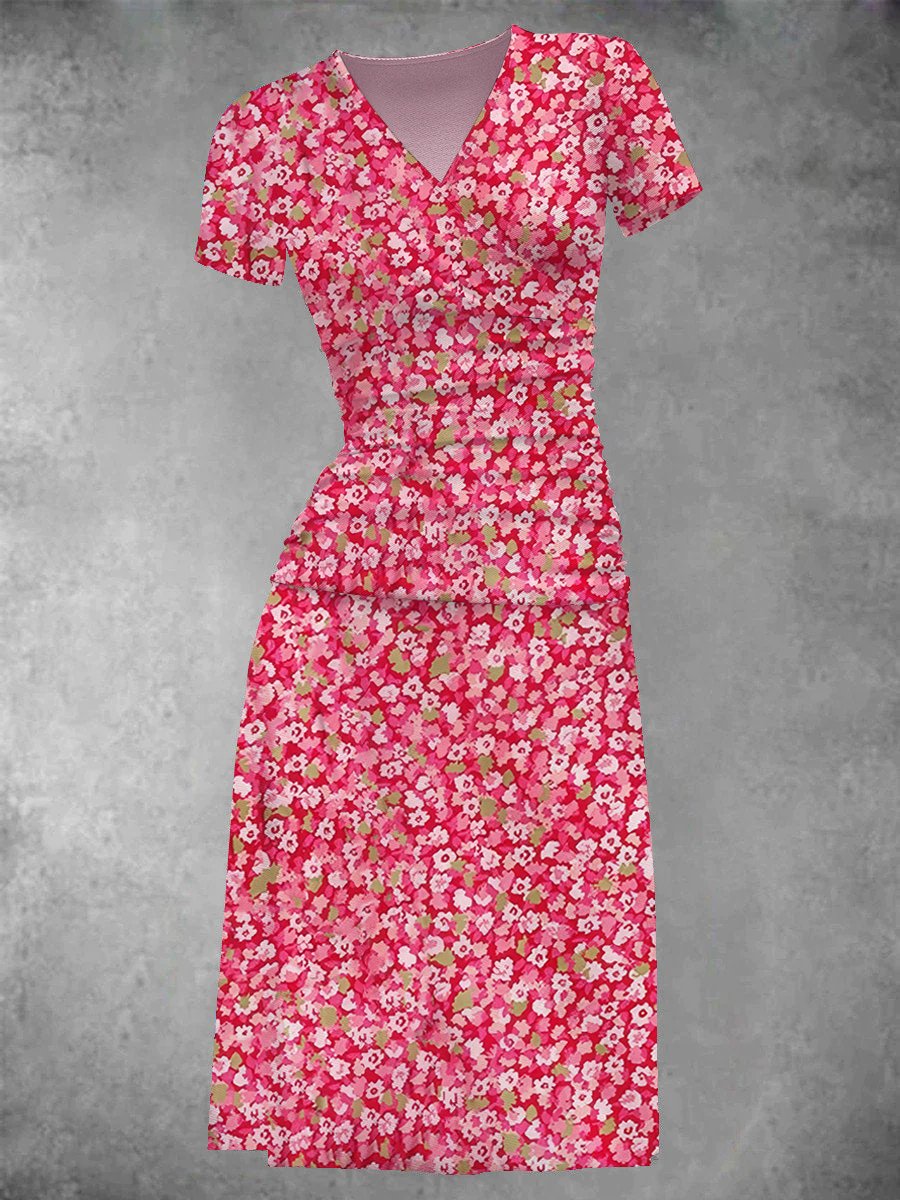 EcoExotica® - Tweedelige midi-jurk voor dames met roze zigzag bloemenprint