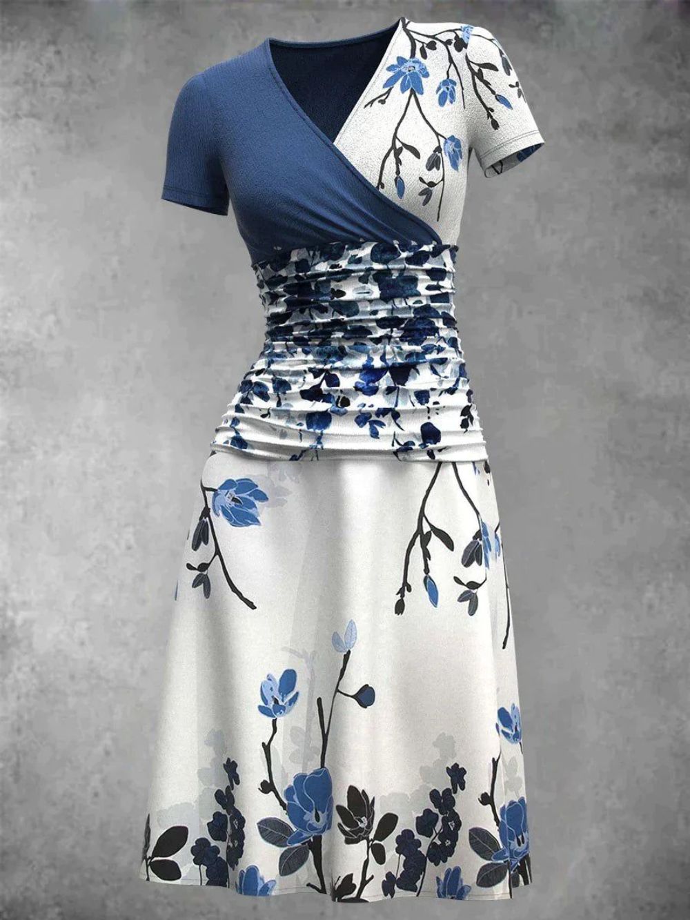 EcoExotica® - Wit-blauwe midi-jurk met bloemenprint in vintage look