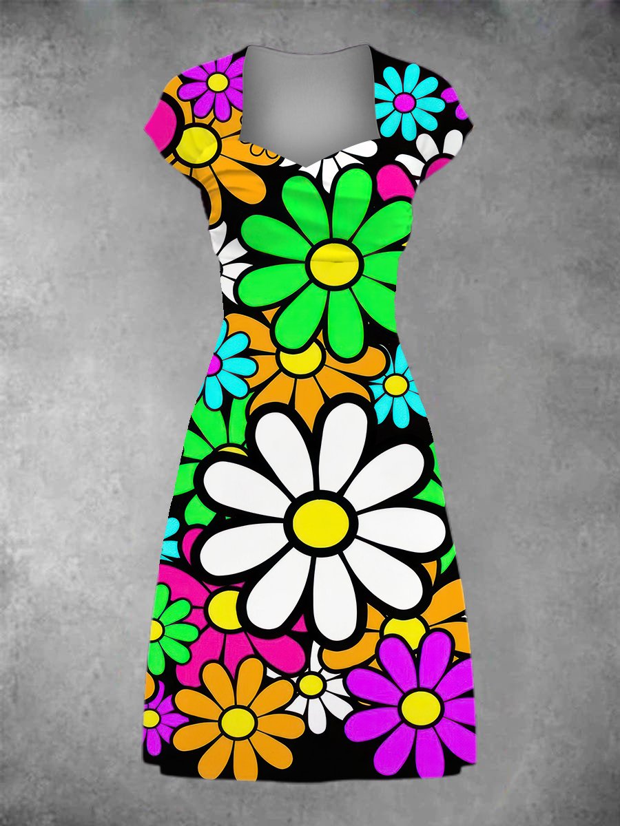 BlossomBliss® - Casual midi-jurk met retro madeliefjebloemen en grafische patchwork voor dames