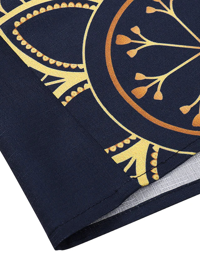 Raffiné® - Golden Midnight Prachtige jurk in marineblauw met een gouden designpatroon